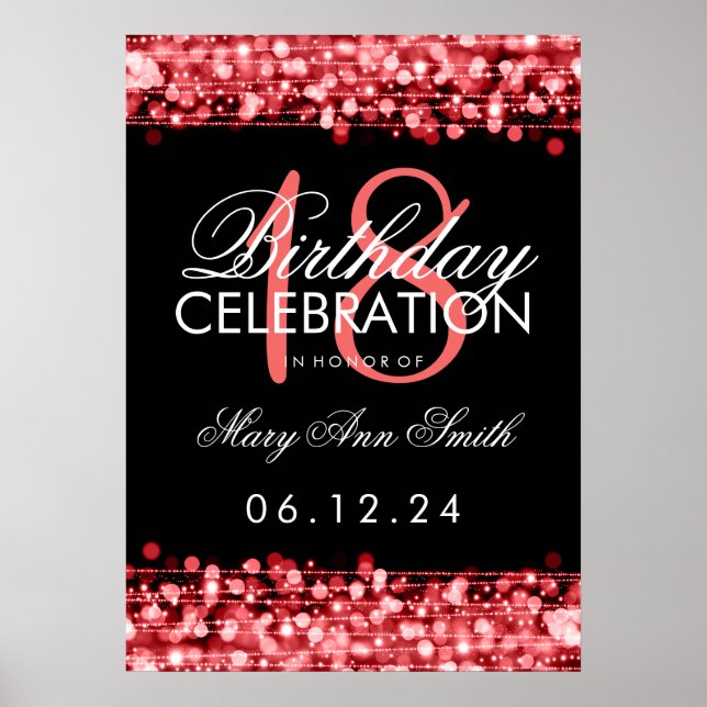Elegant 18. Geburtstagsparty Glitzern Red Poster (Vorne)