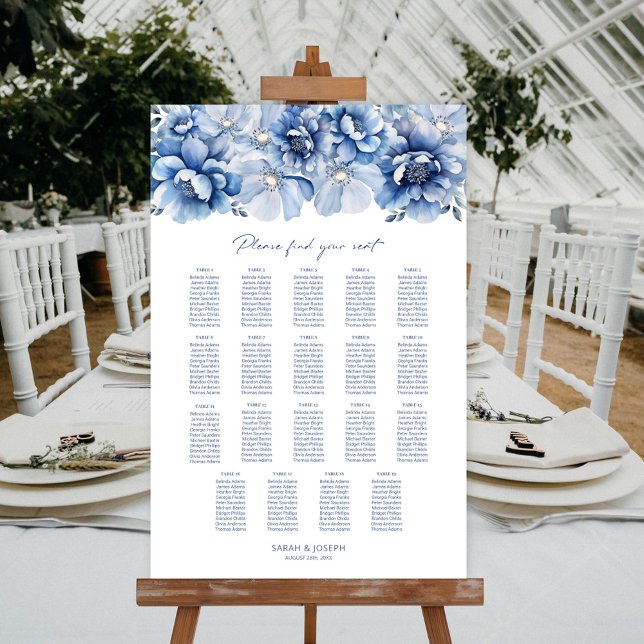 Elegant 19 Table Blue Floral Wedding Chart Poster (Von Creator hochgeladen)