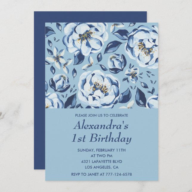 Elegant 1. Geburtstag Einladungen Floral Blue (Vorne/Hinten)