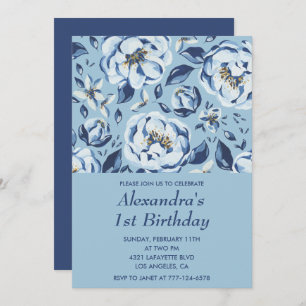 Elegant 1. Geburtstag Einladungen Floral Blue