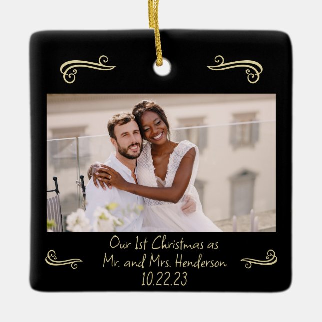 Elegant 1. Weihnachten Mr. Mrs. Gold und Black Keramikornament (Vorderseite)