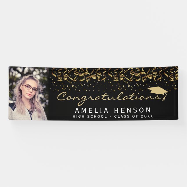 Elegant 2022 Black Gold Confetti Graduate Foto Banner (Horizontal)