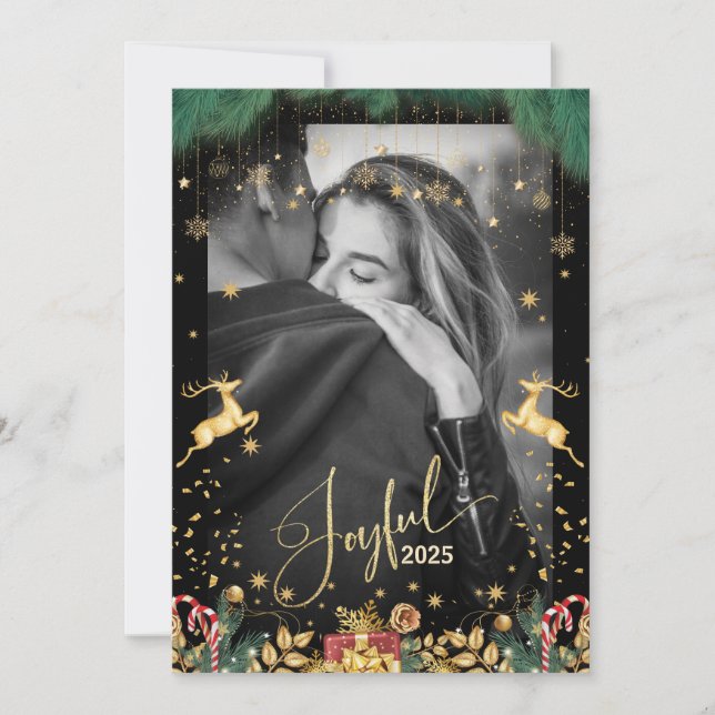 Elegant 2025 Joyful Red and Gold Frohe Weihnachten (Vorderseite)