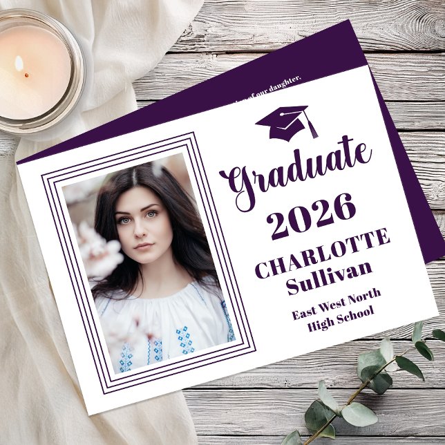 Elegant 2026 Graduate Graduation Portrait Photo  Ankündigung (Elegant Modern Graduation Portrait Photo Announcement - Print | Digital - Purple | White Reverse)