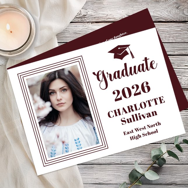Elegant 2026 Graduate Graduation Portrait Photo  Ankündigung (Elegant Modern Graduation Portrait Photo Announcement - Print | Digital - Wine White Reverse)