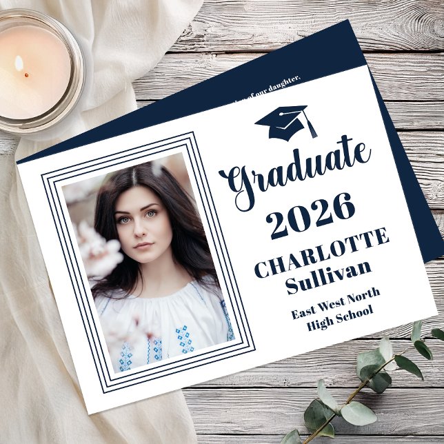 Elegant 2026 Graduate Graduation Portrait Photo  Ankündigung (Elegant Modern Graduation Portrait Photo Announcement - Print | Digital - Blue | White Reverse)