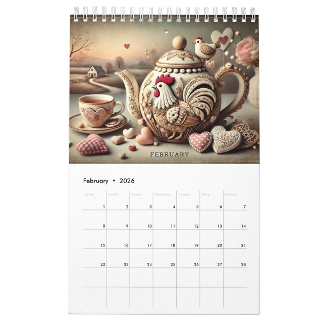 Elegant 2026 Pretty Chicken Teapots Calendar - Fun Kalender (Feb 2026)