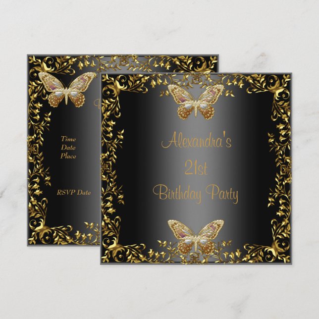 Elegant 21. Geburtstag Black Gold Butterfly Einladung (Vorne/Hinten)