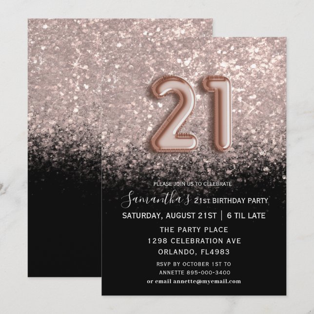 Elegant 21. Geburtstag Black & Rose Gold Glitzer Einladung (Vorne/Hinten)