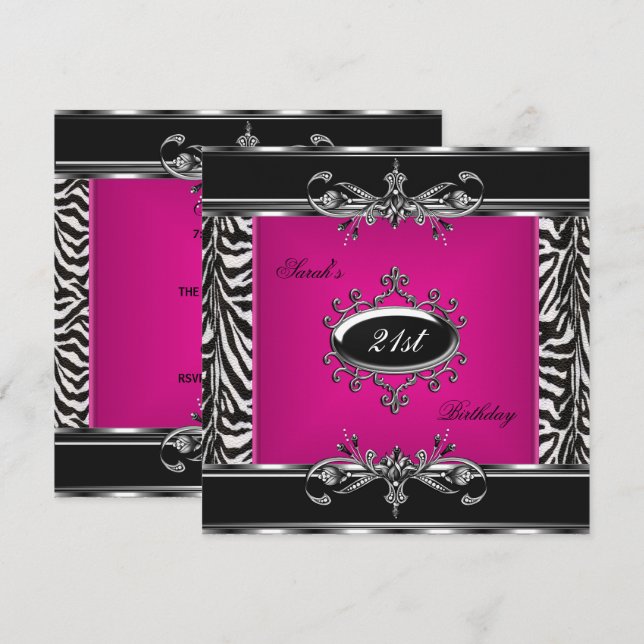 Elegant 21. Geburtstag Pink Zebra Black Silver Einladung (Vorne/Hinten)