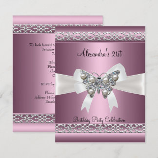 Elegant 21. Geburtstag Satin Pink Butterfly Jewel Einladung