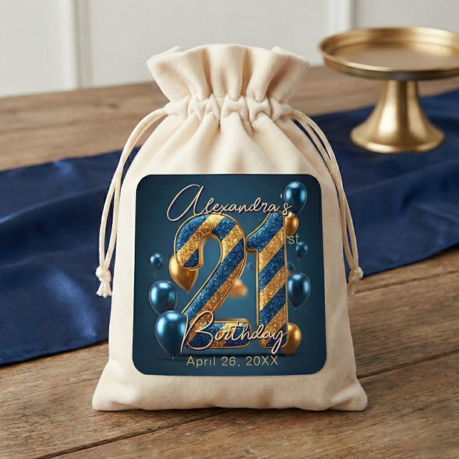 Elegant 21st Birthday Blue Gold Glitter Stripes Quadratischer Aufkleber (Von Creator hochgeladen)