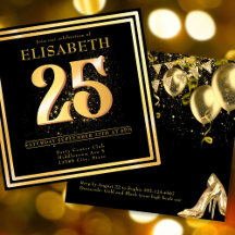Elegant 25. Gold Black Birthday Einladung