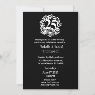 Elegant 25. Hochzeitstag Schwarz-weiß Einladung