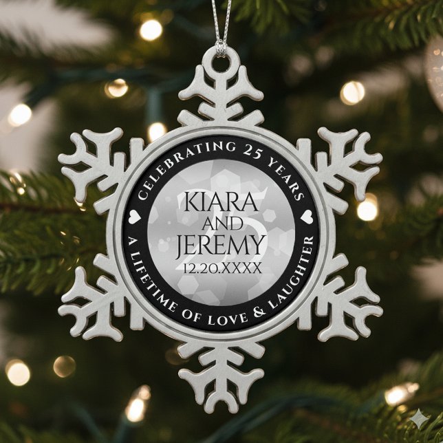 Elegant 25. Silberhochzeit Schneeflocken Zinn-Ornament (25th Silver Wedding Anniversary Pewter Snowflake Ornament Cover Photo)