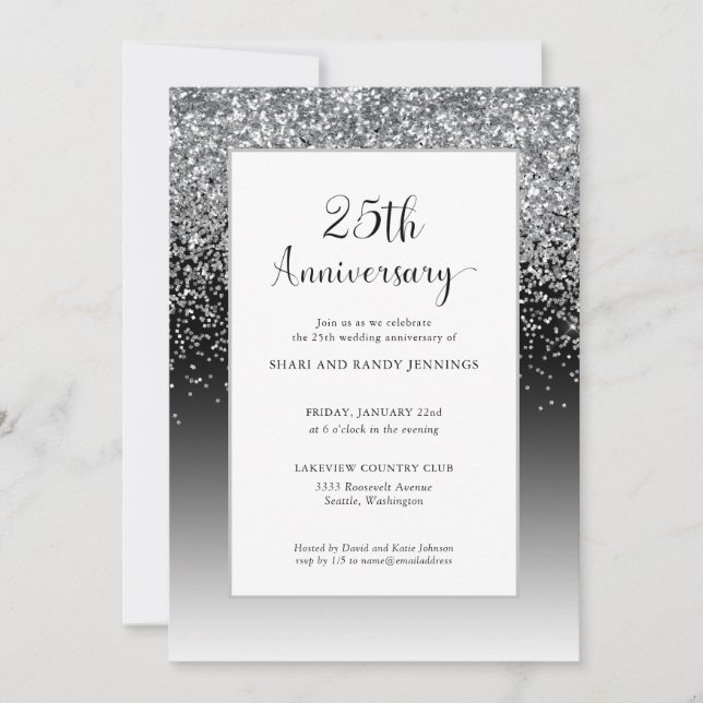 Elegant 25. Silver Sparkle Hochzeitstag Einladung (Vorderseite)