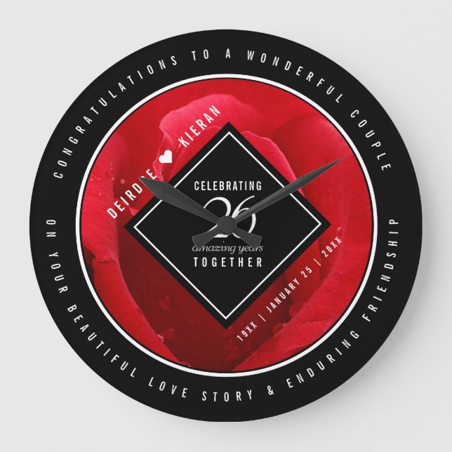 Elegant 26th Rose Wedding Anniversary Celebration Große Wanduhr (Vorderseite)