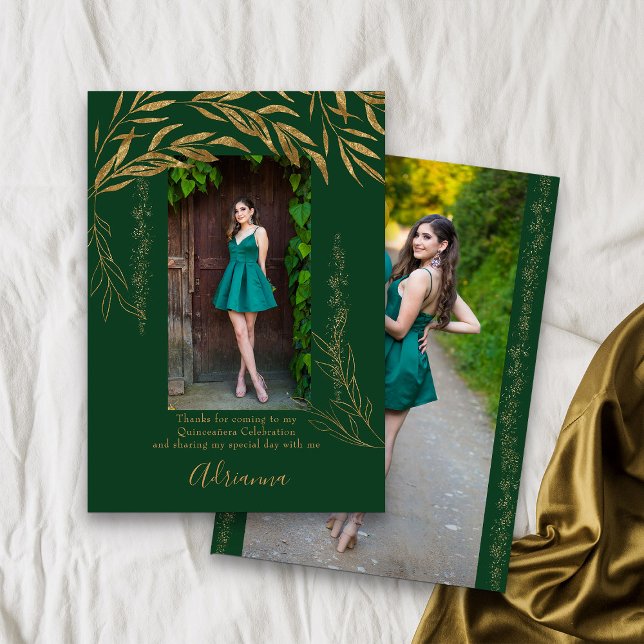 Elegant 2 Foto Emerald Green und Gold Leaf Dankeskarte (Emerald Green Quinceanera Photo Thank You card from my Gold Leaf Quinceanera Collection)