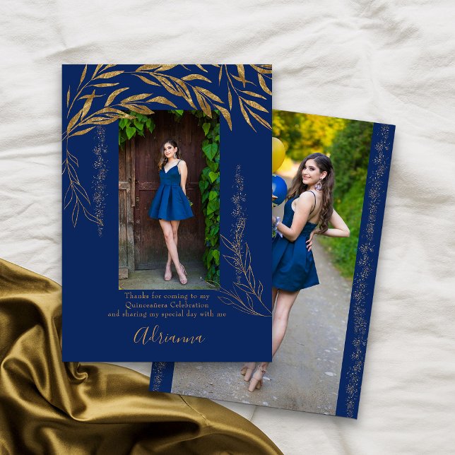 Elegant 2 Foto Royal Blue und Gold Leaf Dankeskarte (Royal Blue 2 Photo Thank You card from my Gold Leaf Quinceanera Collection)