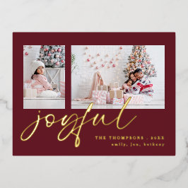 Elegant 2 Foto Script Joyful Christmas Burgundy Folien Feiertagspostkarte