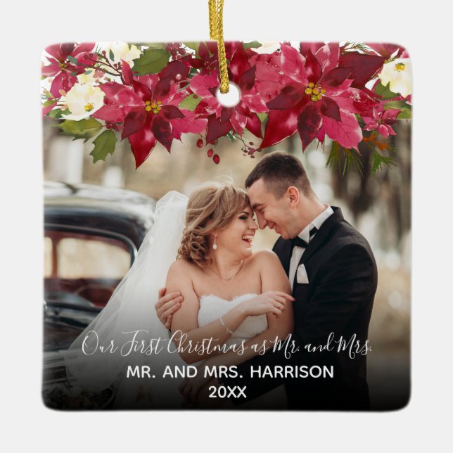 Elegant 2 Foto von Floral Our First Christmas Mr.  Keramikornament (Vorderseite)