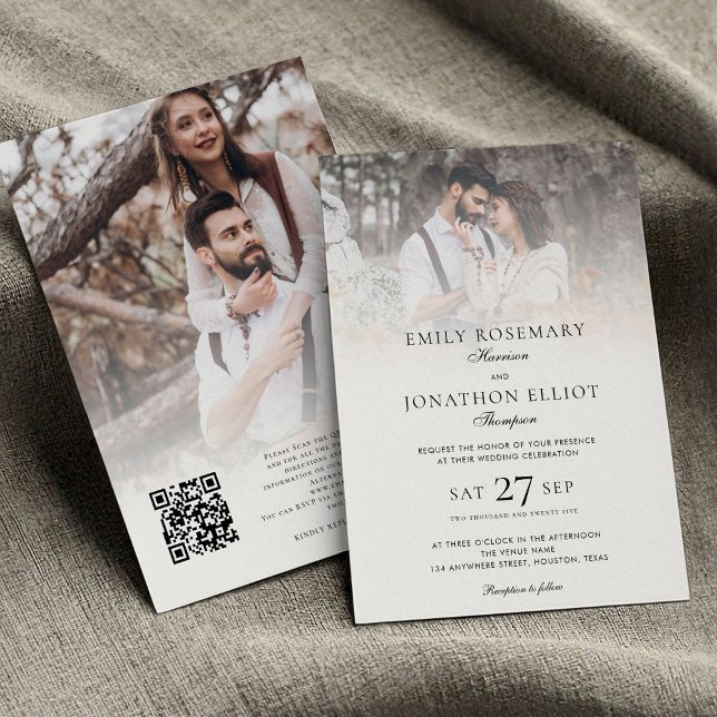 Elegant 2 Fotos Overlay QR-Code Formal Wedding Einladung (front and back view)