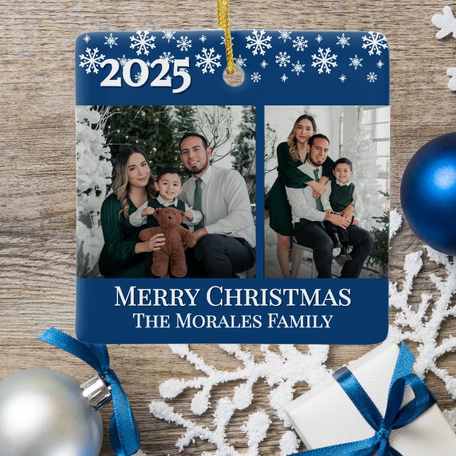 Elegant 2 Photo Blue Keepsake Family Photo Keramikornament (Elegant 2 photo blue christmas ornament keepsake gift idea for mom grandma dad with 2 photos & sides)