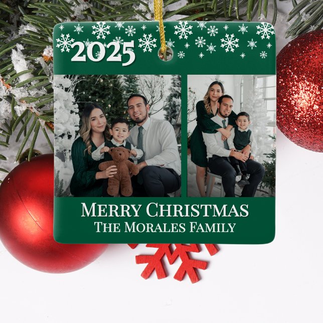 Elegant 2 Photo Green Keepsake Family Photo Keramikornament (Elegant 2 photo two sided christmas ornament keepsake for unique gift from kids to mom grandma dad)
