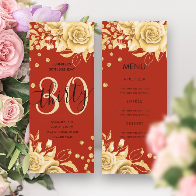 Elegant 30 Birthday Menu Gold Red Floral Glitzer Einladung (Elegant 30 Birthday Menu Gold Red Floral Glitter Invitation)