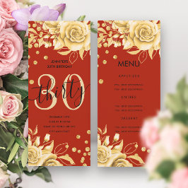 Elegant 30 Birthday Menu Gold Red Floral Glitzer Einladung