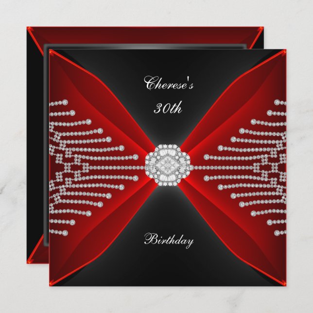 Elegant 30. Geburtstag Black Rich Red Diamond Einladung (Vorne/Hinten)