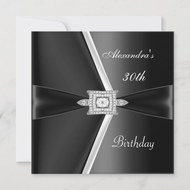Elegant 30. Geburtstag Schwarz-weiß Diamond Einladung (Vorderseite)