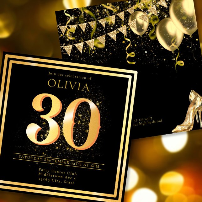 Elegant 30. Gold Black Birthday Einladung (Von Creator hochgeladen)