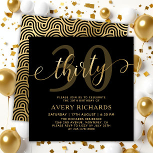 Elegant 30 Gold Script Black 30. Geburtstag Einladung