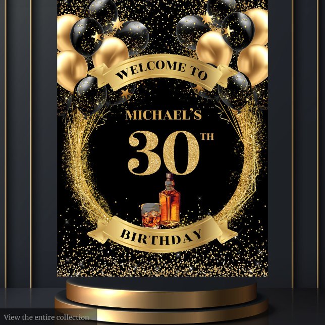 Elegant 30. Man Birthday Whiskey Party Banner Wandteppich (Elegant 30th Man Birthday Whiskey Party Banner)