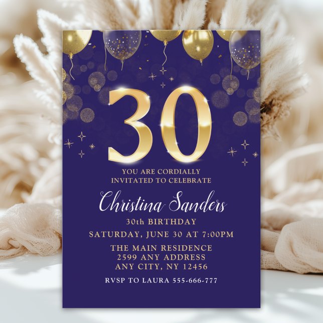 Elegant 30th Birthday Invitation with Gold Ballons Einladung (Von Creator hochgeladen)