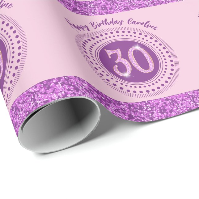 Elegant 30th Birthday Pink Glitter with Stripes Geschenkpapier (Rolleneckpunkt)