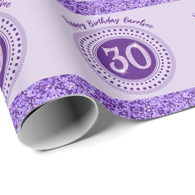 Elegant 30th Birthday Purple Glitter with Stripes Geschenkpapier (Rolleneckpunkt)