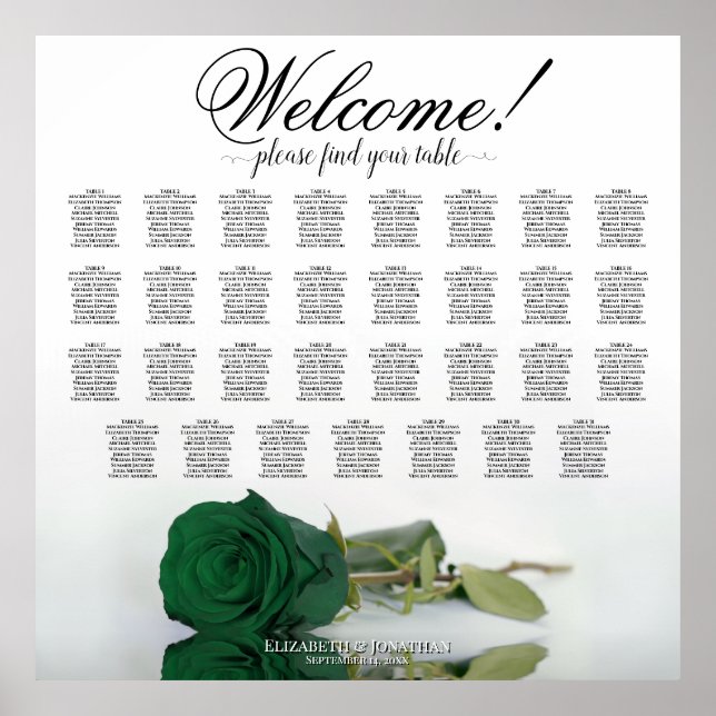 Elegant 31 Table Emerald Green Rose Seating Chart Poster (Vorne)