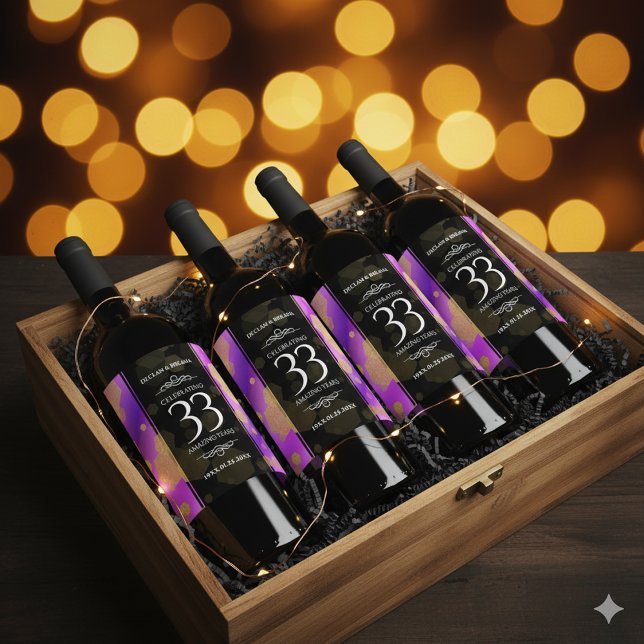 Elegant 33. Geburtstag von Amethyst Weinetikett (33rd Amethyst Wedding Anniversary Wine/Liquor Drink Labels Cover Photo)