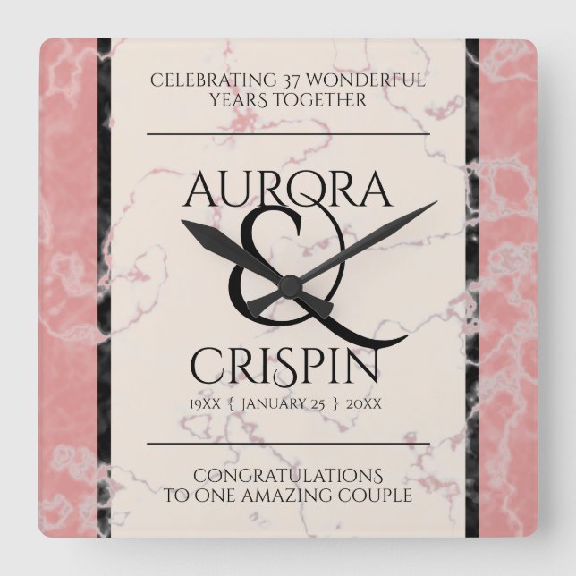 Elegant 37. Alabaster Hochzeitstag Quadratische Wanduhr (Vorderseite)