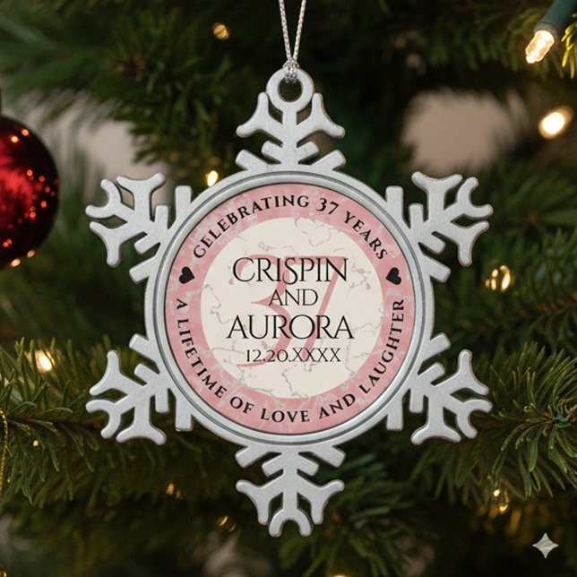 Elegant 37. Alabaster Hochzeitstag Schneeflocken Zinn-Ornament (37th Alabaster Wedding Anniversary Snowflake Pewter Ornament Cover Photo)