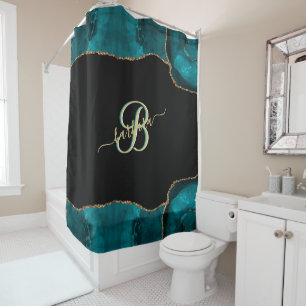 Elegant 3 Color Monogram Aquamarin Schwarzes Gold Duschvorhang
