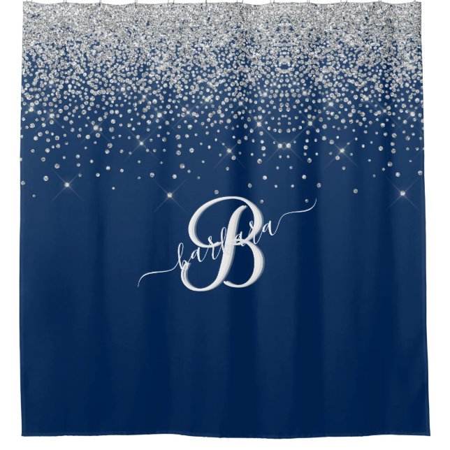 Elegant 3 Color Monogram Blue Silver Sparkle Duschvorhang (Vorderseite)