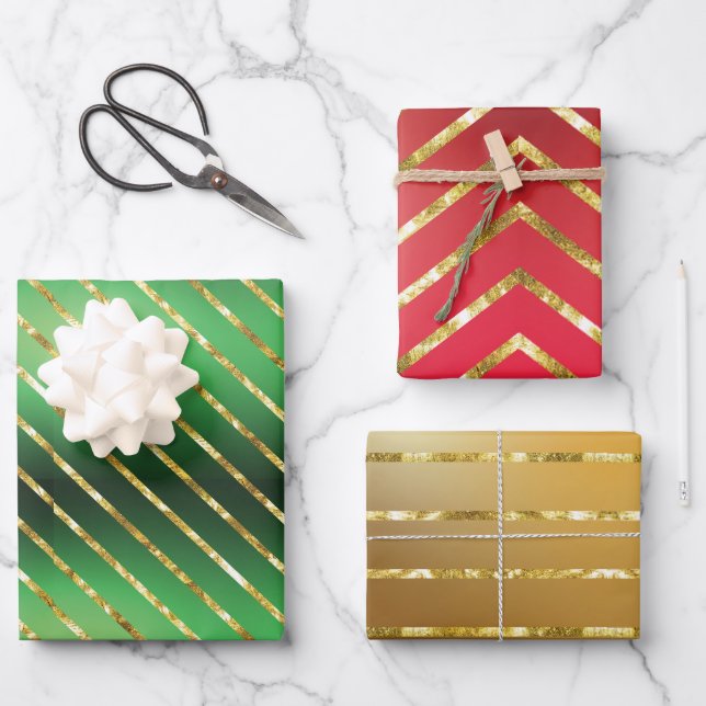 Elegant 3 Farben Gold Frohe Weihnachten Geschenkpapier Set (Vorderseite)