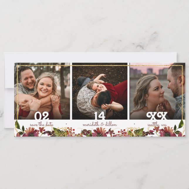 Elegant 3 Foto Burgund Gold Wasserfarben Save The Date (Vorderseite)