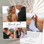 Elegant 3 Foto Collage Calligraphy Script Wedding Dankeskarte<br><div class="desc">Minimalistisch Modernes, elegantes Script 3 Foto Collage Wedding Dankeschön Karte. Stilvolle Hochzeit danke Ihnen Karte Vorlage mit 3 (drei) Foto auf der Vorderseite und ein (1) Foto auf der Rückseite. Mit dem Text "Danke" in einer Wirblen Hand Schrift Schriftart mit Typografie mit Swash Schwanz und kleinen Liebe Herz in Schwarz-Weiß....</div>