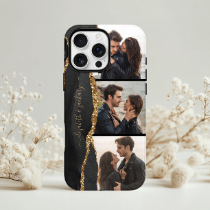 Elegant 3 Foto Collage Names Black Gold Agate Case-Mate iPhone Hülle