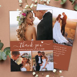 Elegant 3 Foto Collage Terracotta Script Wedding Dankeskarte<br><div class="desc">Minimalistisch Modern Boho Elegante Script 3 Foto Collage Terracotta Hochzeit Dankeschön Karte. Stilvolle Hochzeit danke Ihnen Karte Vorlage mit 3 (drei) Foto auf der Vorderseite und ein (1) Foto auf der Rückseite. Mit dem Text "Danke" in einer Wirblen Hand Schrift Schriftart mit Typografie mit Swash Schwanz und kleinen Liebe Herz...</div>