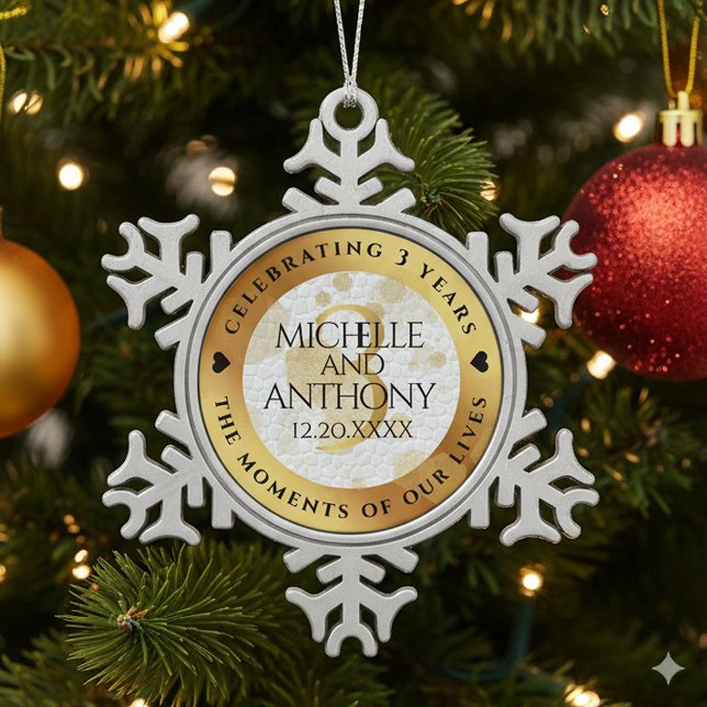Elegant 3. Lederhochzeit Schneeflocken Zinn-Ornament (3rd Leather Wedding Anniversary Snowflake Pewter Ornament Cover Photo)
